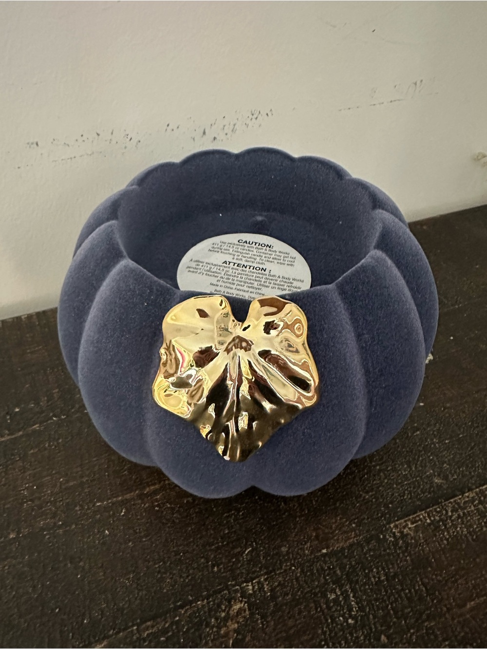 Bath & Body Works Blue Flocked Pumpkin 3 Wick Candle Holder